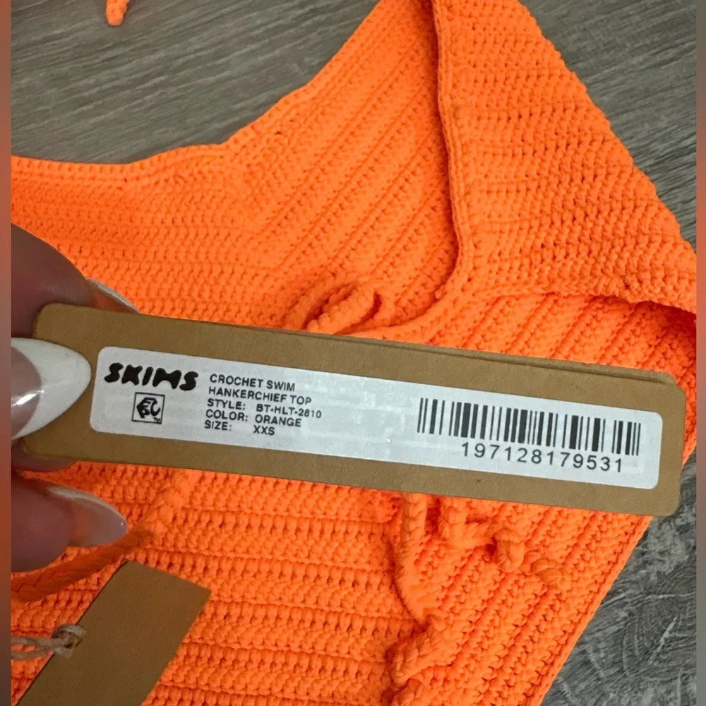 SKIMS NWT Neon Orange Crochet Swim Handkerchief Halter Top